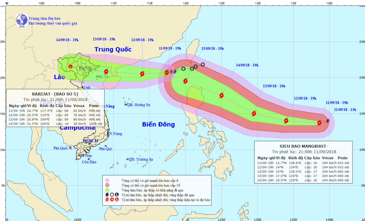 Tin bão trên Biển Đông - cơn bão số 5 (21h00 ngày 11/9)