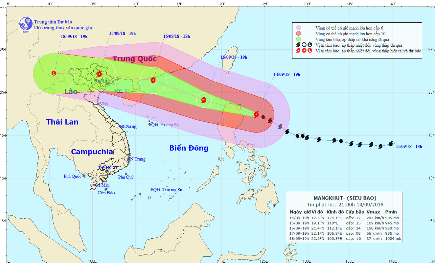 Tin siêu bão gần Biển Đông - siêu bão MANGKHUT (21h00 ngày 14/9)