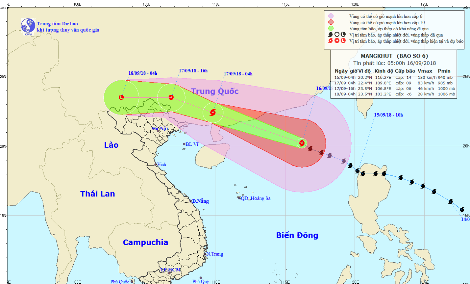 Tin bão trên Biển Đông - cơn bão số 6 (05h00 ngày 16/9)