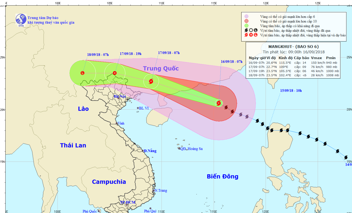 Tin bão trên Biển Đông - cơn bão số 6 (09h00 ngày 16/9)