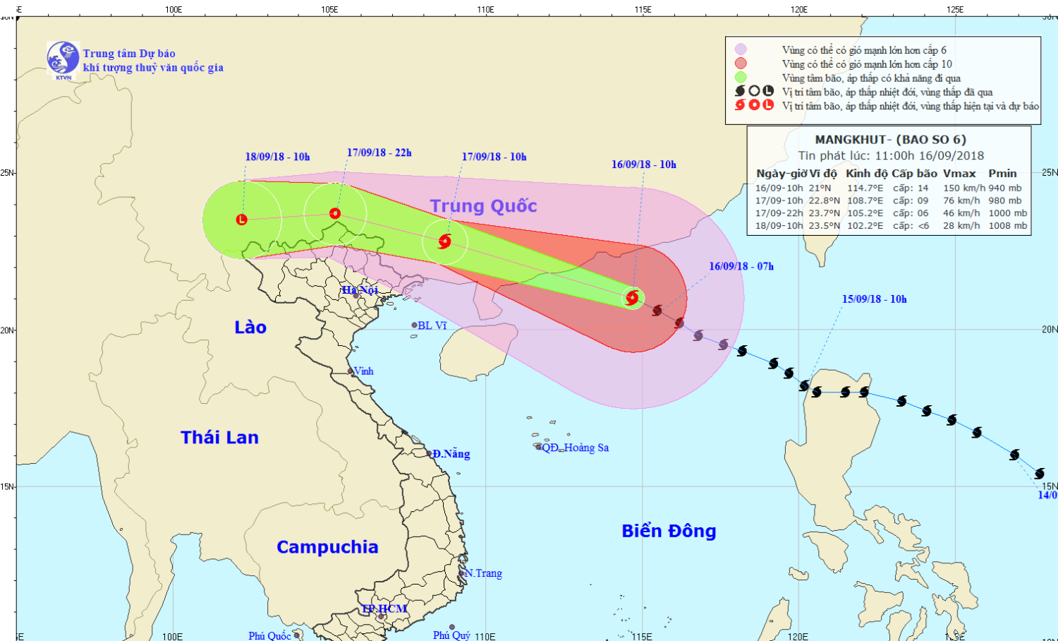 Tin bão trên Biển Đông - cơn bão số 6 (11h00 ngày 16/9)
