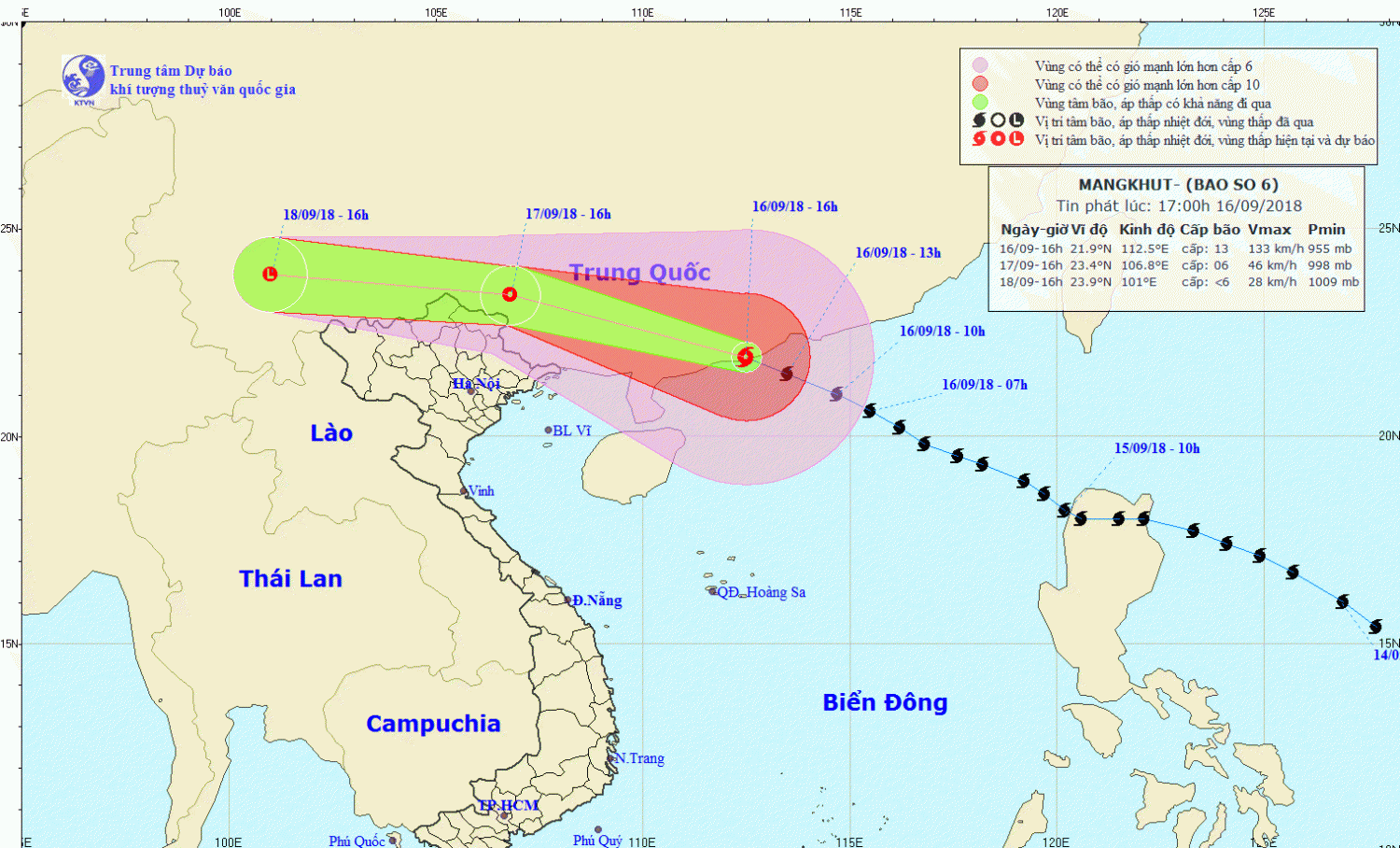 Tin bão trên đất liền Trung Quốc - cơn bão số 6 (17h00 ngày 16/9)