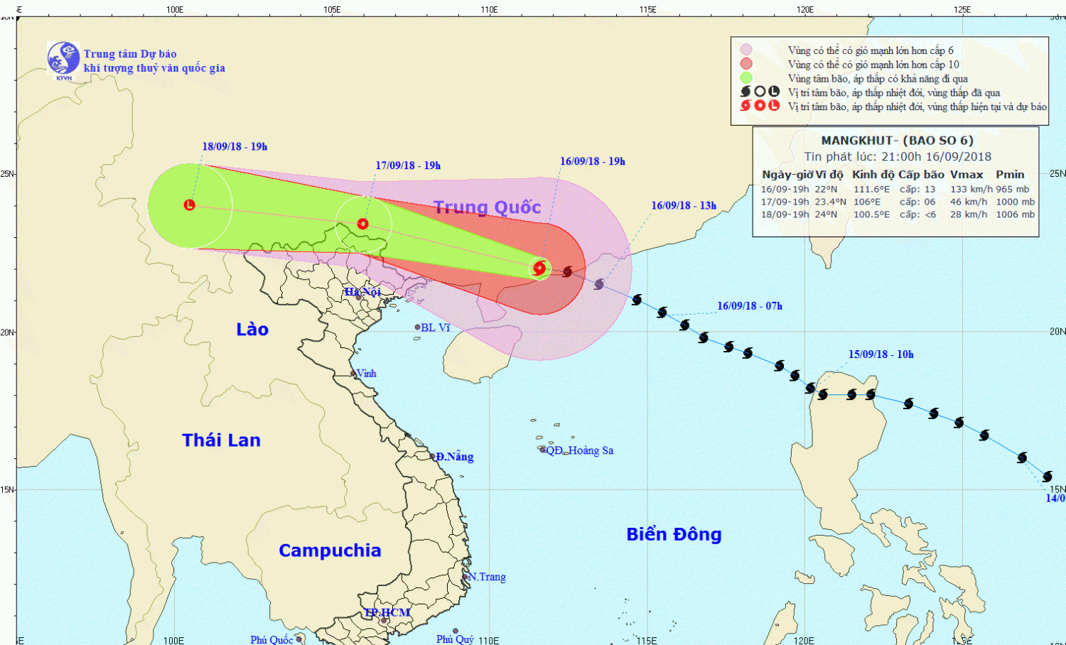 Tin bão trên đất liền Trung Quốc - cơn bão số 6 (21h00 ngày 16/9)