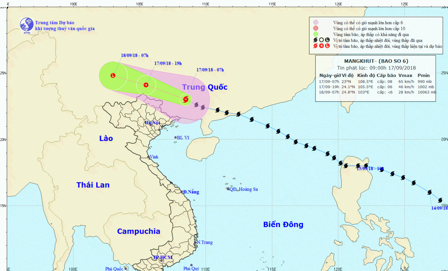 Tin bão trên đất liền Trung Quốc - cơn bão số 6 (09h00 ngày 17/9)