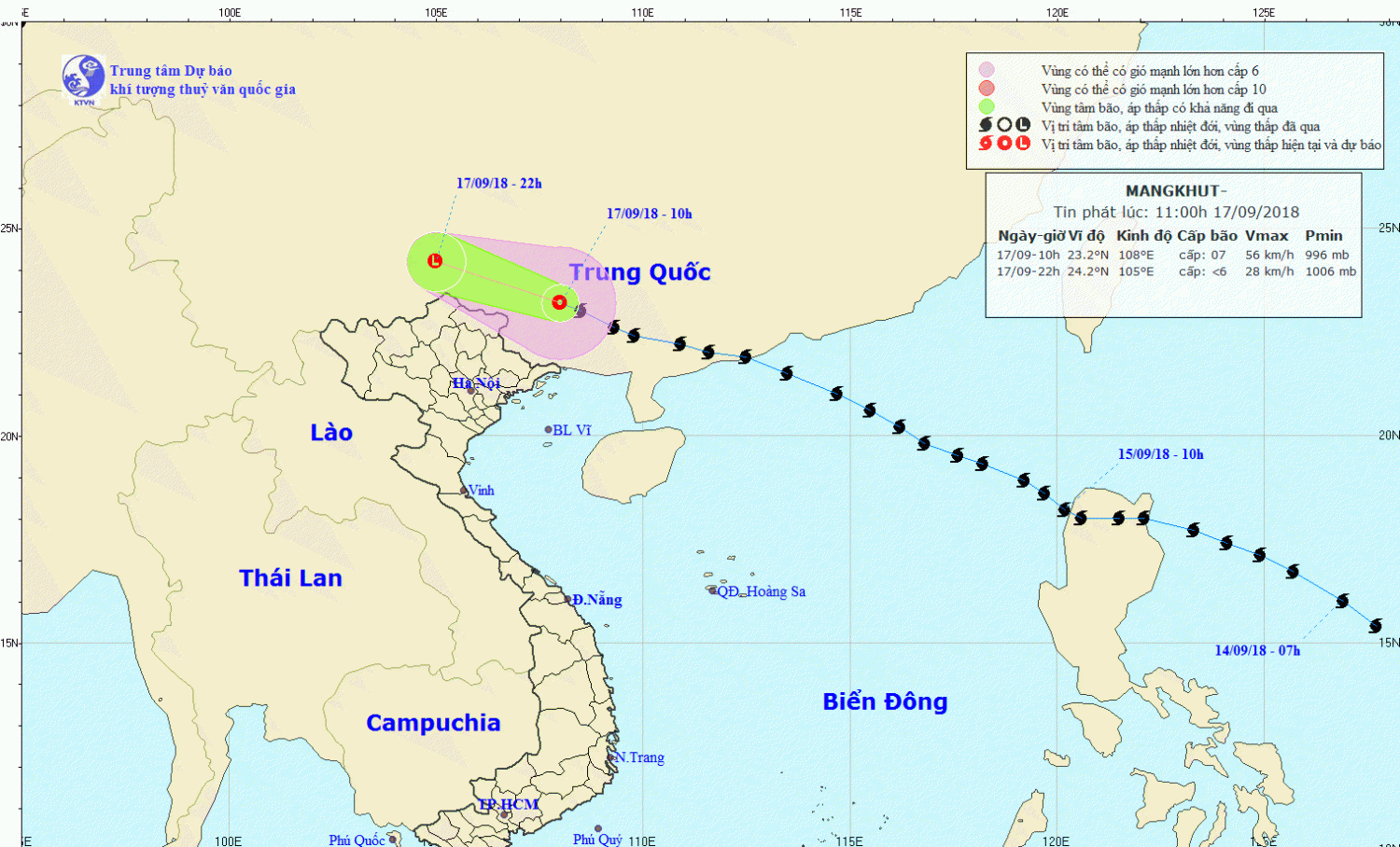 Tin áp thấp nhiệt đới trên đất liền Trung Quốc - suy yếu từ bão số 6 (11h00 ngày 17/9)