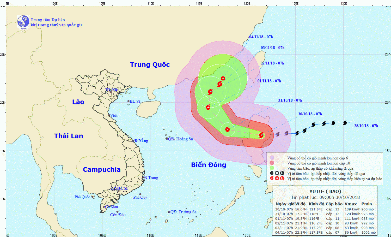 Tin bão gần Biển Đông - bão YUTU (09h00 ngày 30/10)