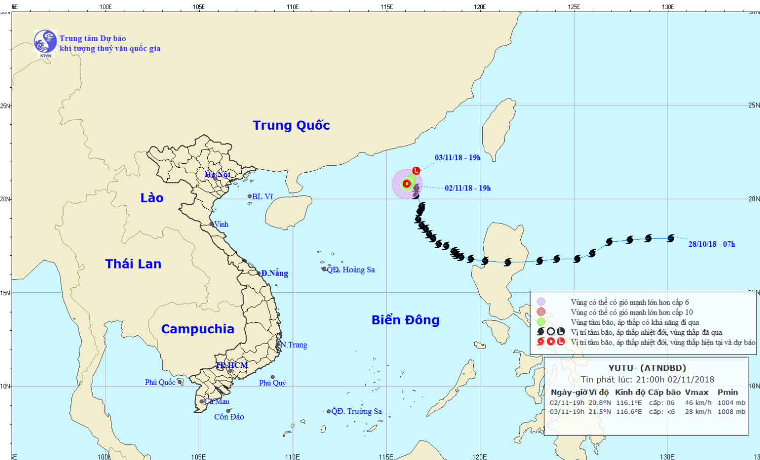 Tin áp thấp nhiệt đới trên Biển Đông - suy yếu từ bão số 7 (21h00 ngày 02/11)
