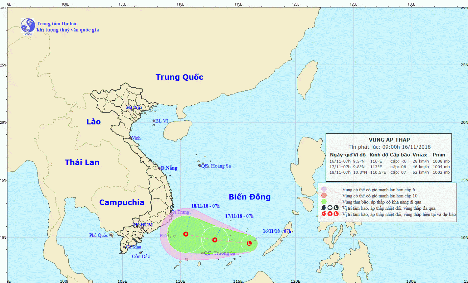 Tin về vùng áp thấp trên khu vực nam Biển Đông (09h00 ngày 16/11)