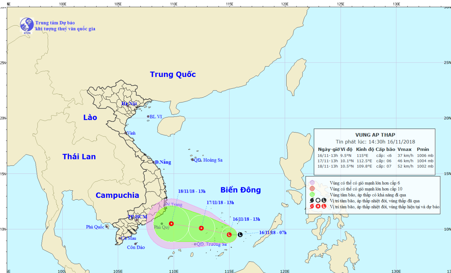Tin về vùng áp thấp trên khu vực nam Biển Đông (14h30 ngày 16/11)