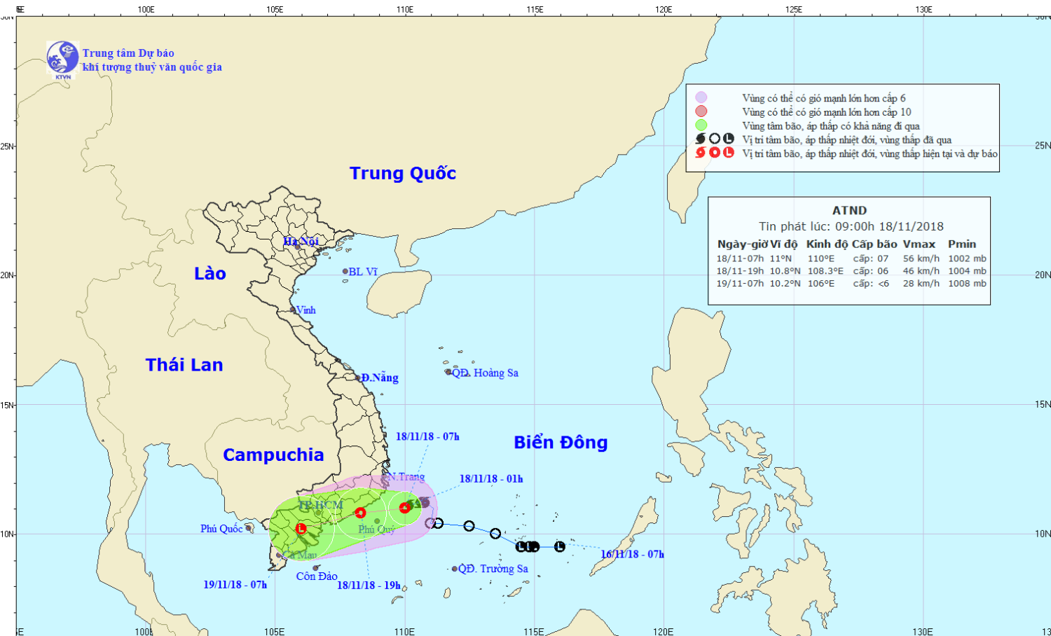 Tin áp thấp nhiệt đới gần bờ - suy yếu từ bão số 8 (09h00 ngày 18/11)