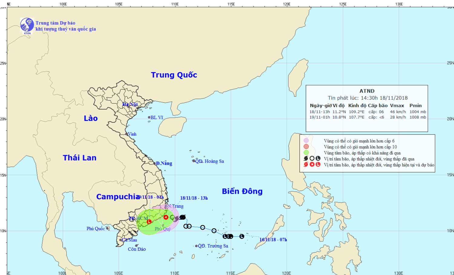 Tin áp thấp nhiệt đới gần bờ - suy yếu từ bão số 8 (14h30 ngày 18/11)