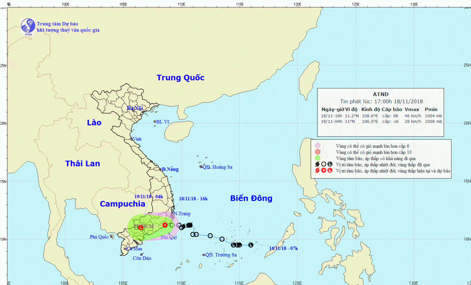 Tin áp thấp nhiệt đới gần bờ - suy yếu từ bão số 8 (17h00 ngày 18/11)