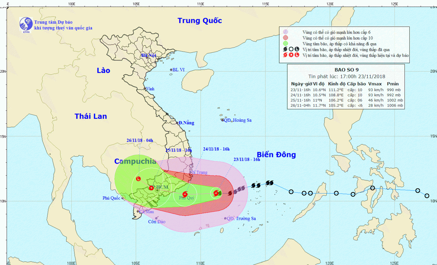 Tin bão khẩn cấp - cơn bão số 9 (17h00 ngày 23/11)