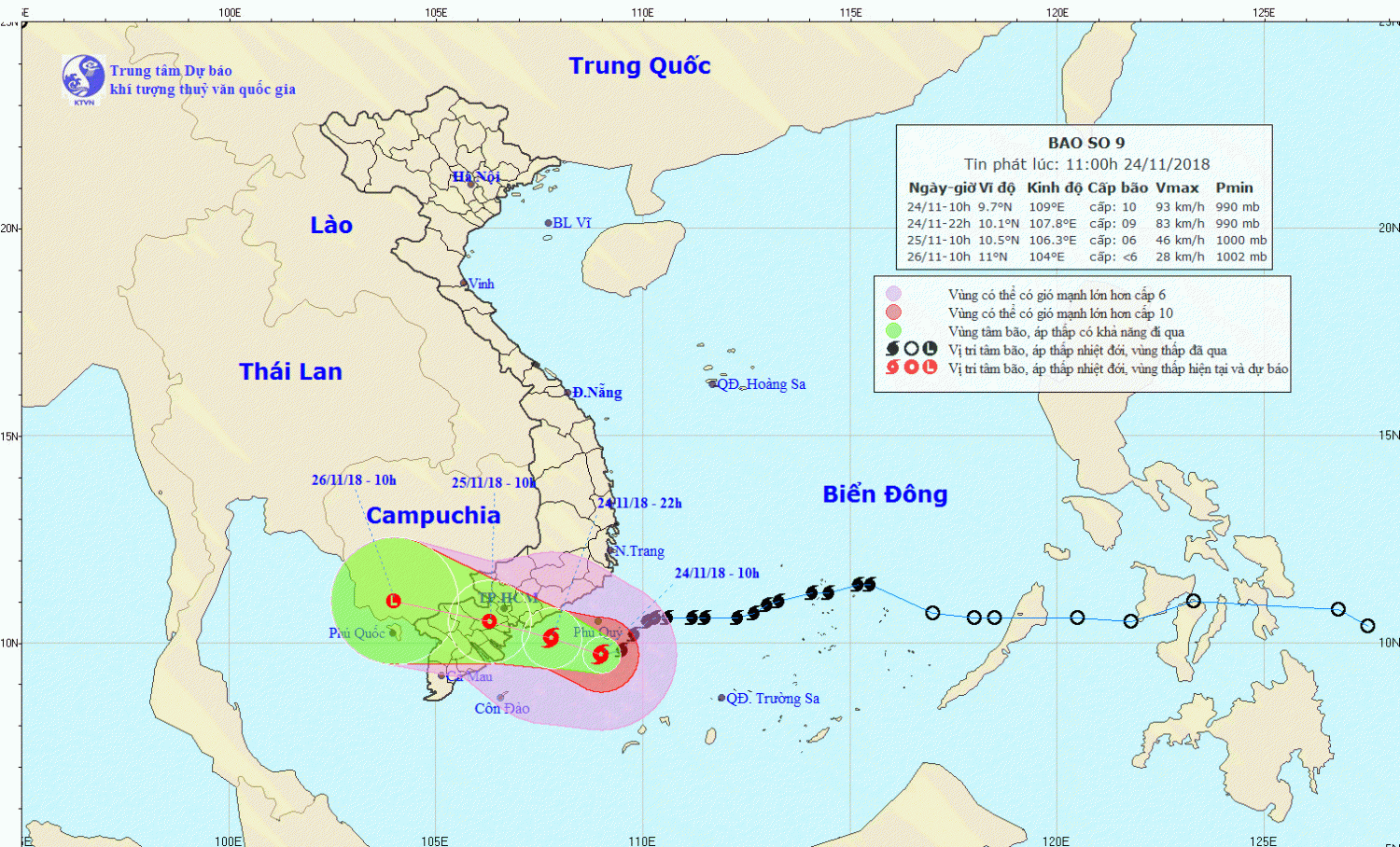 Tin bão khẩn cấp - cơn bão số 9 (11h00 ngày 24/11)