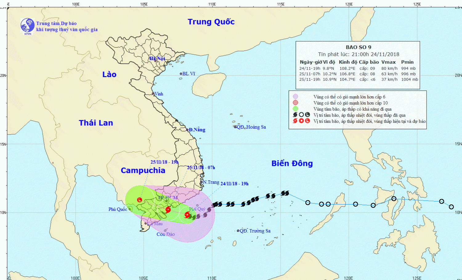 Tin bão khẩn cấp - cơn bão số 9 (21h00 ngày 24/11)