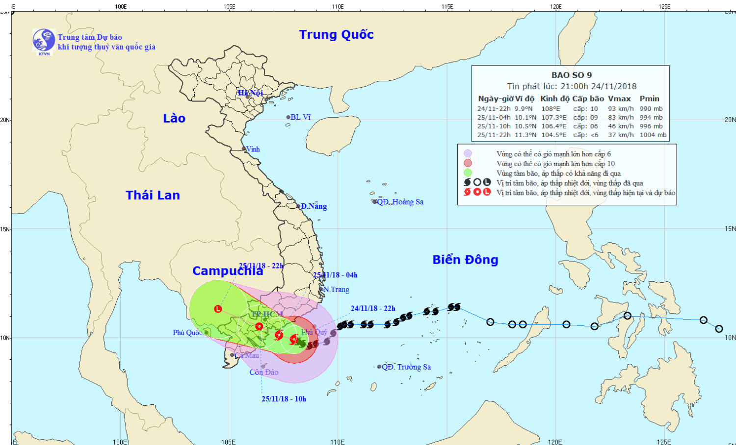 Tin bão khẩn cấp - cơn bão số 9 (23h00 ngày 24/11)