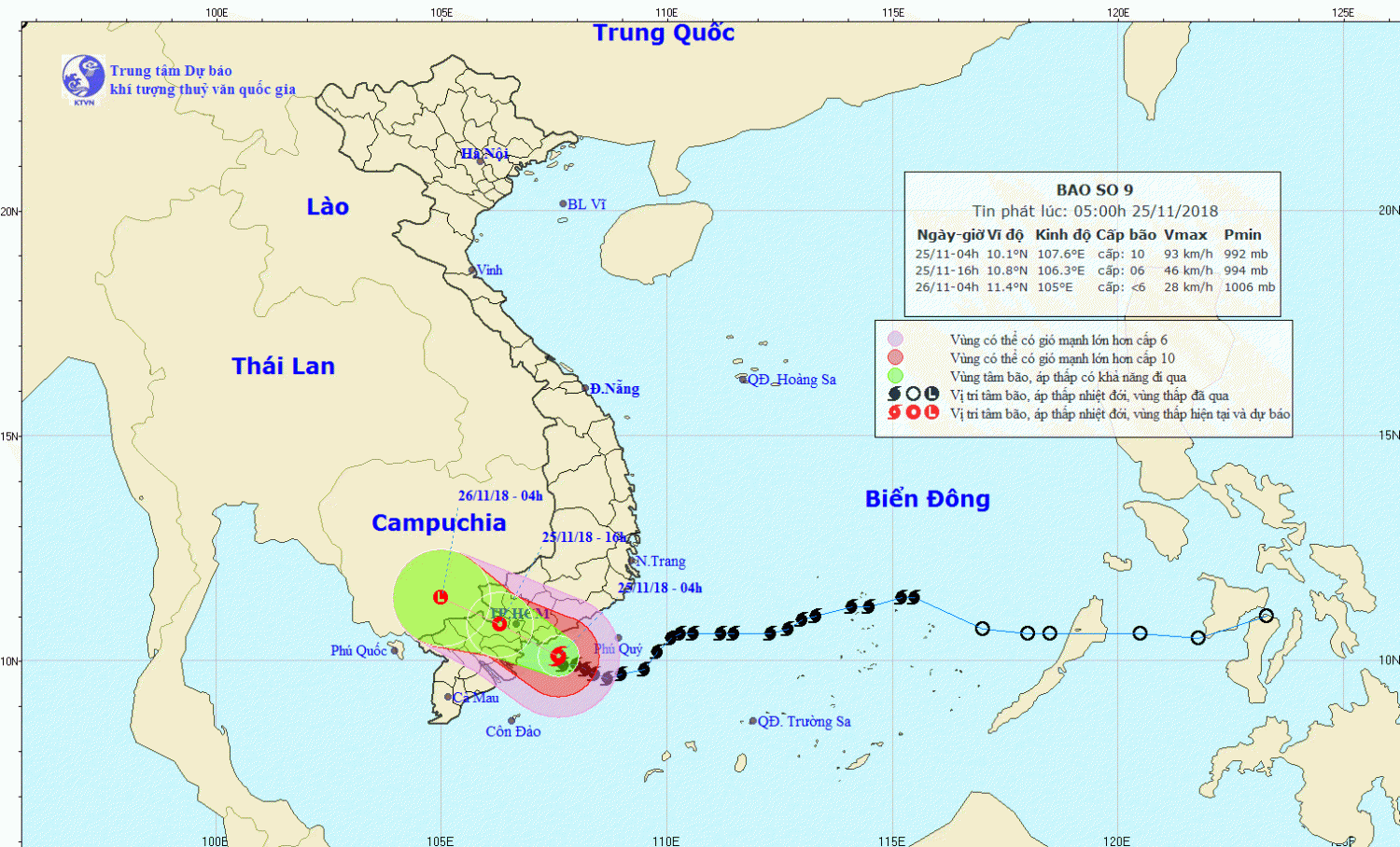 Tin bão khẩn cấp - cơn bão số 9 (05h00 ngày 25/11)