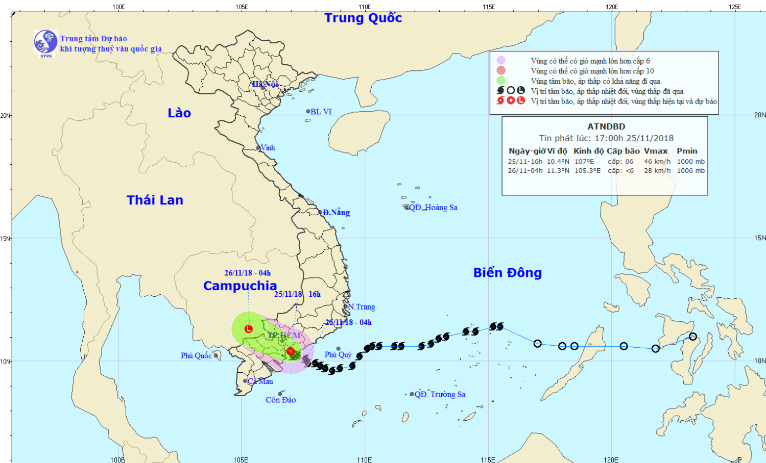 Tin áp thấp nhiệt đới trên đất liền - suy yếu từ bão số 9 (17h00 ngày 25/11)