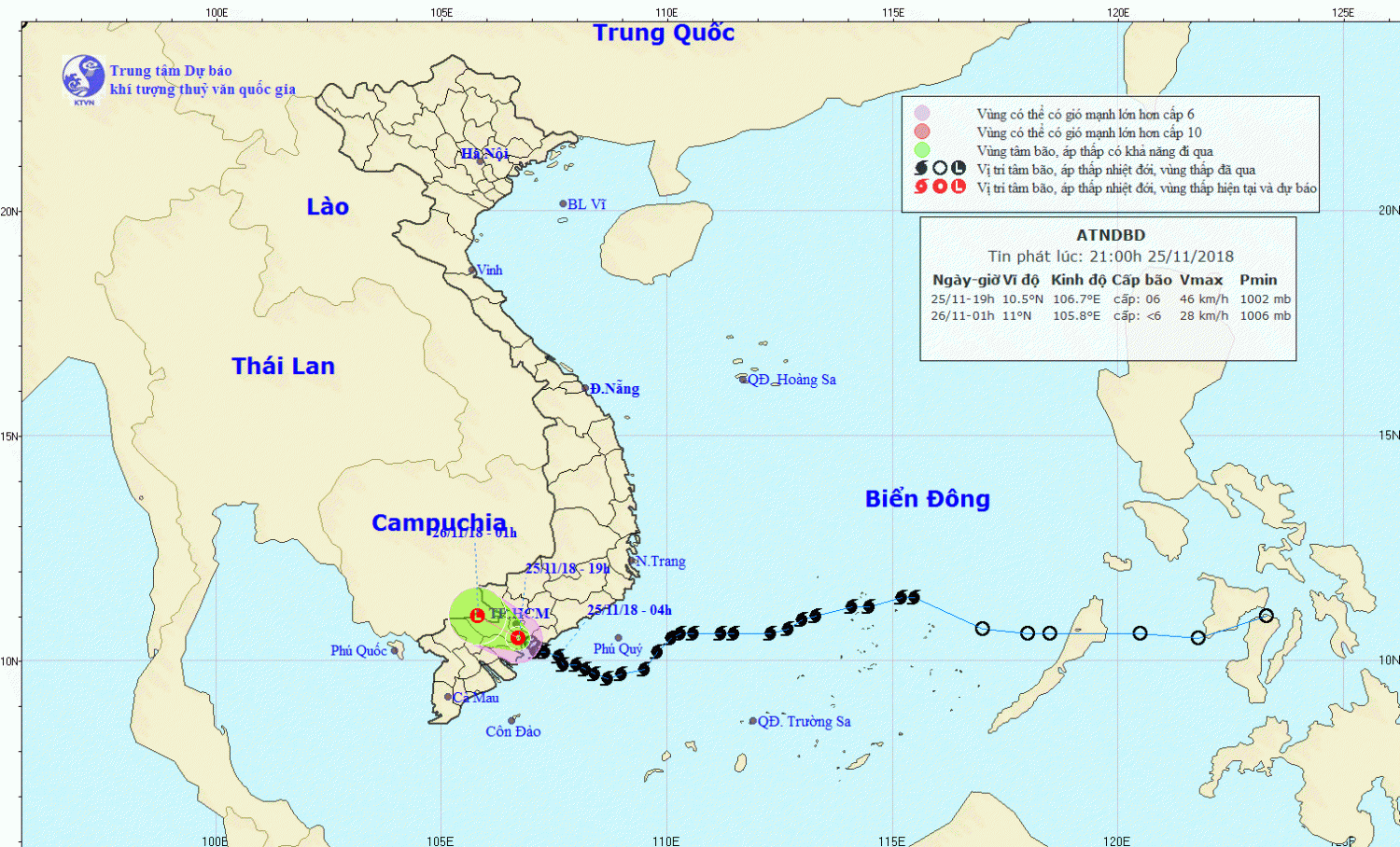 Tin áp thấp nhiệt đới trên đất liền - suy yếu từ bão số 9 (21h00 ngày 25/11)