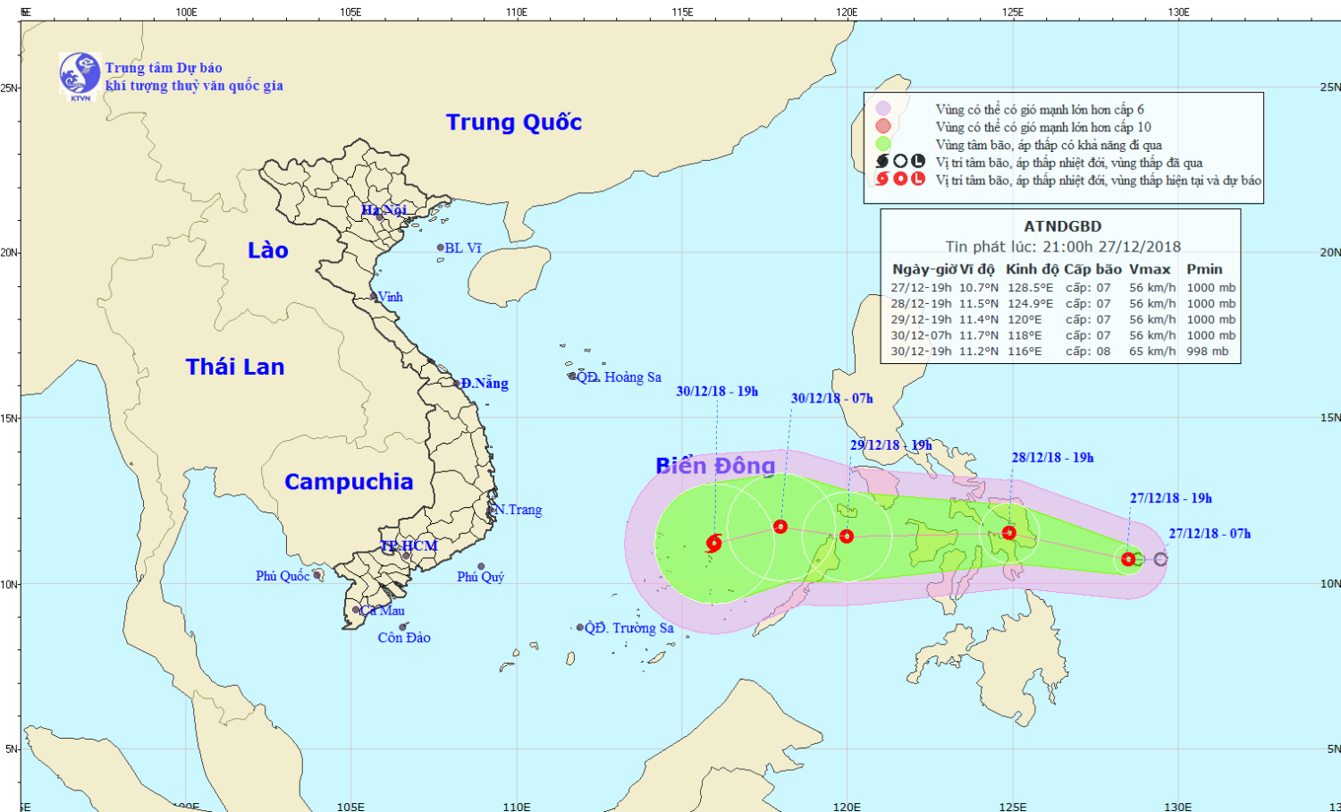 Tin áp thấp nhiệt đới gần Biển Đông (21h00 ngày 27/12)