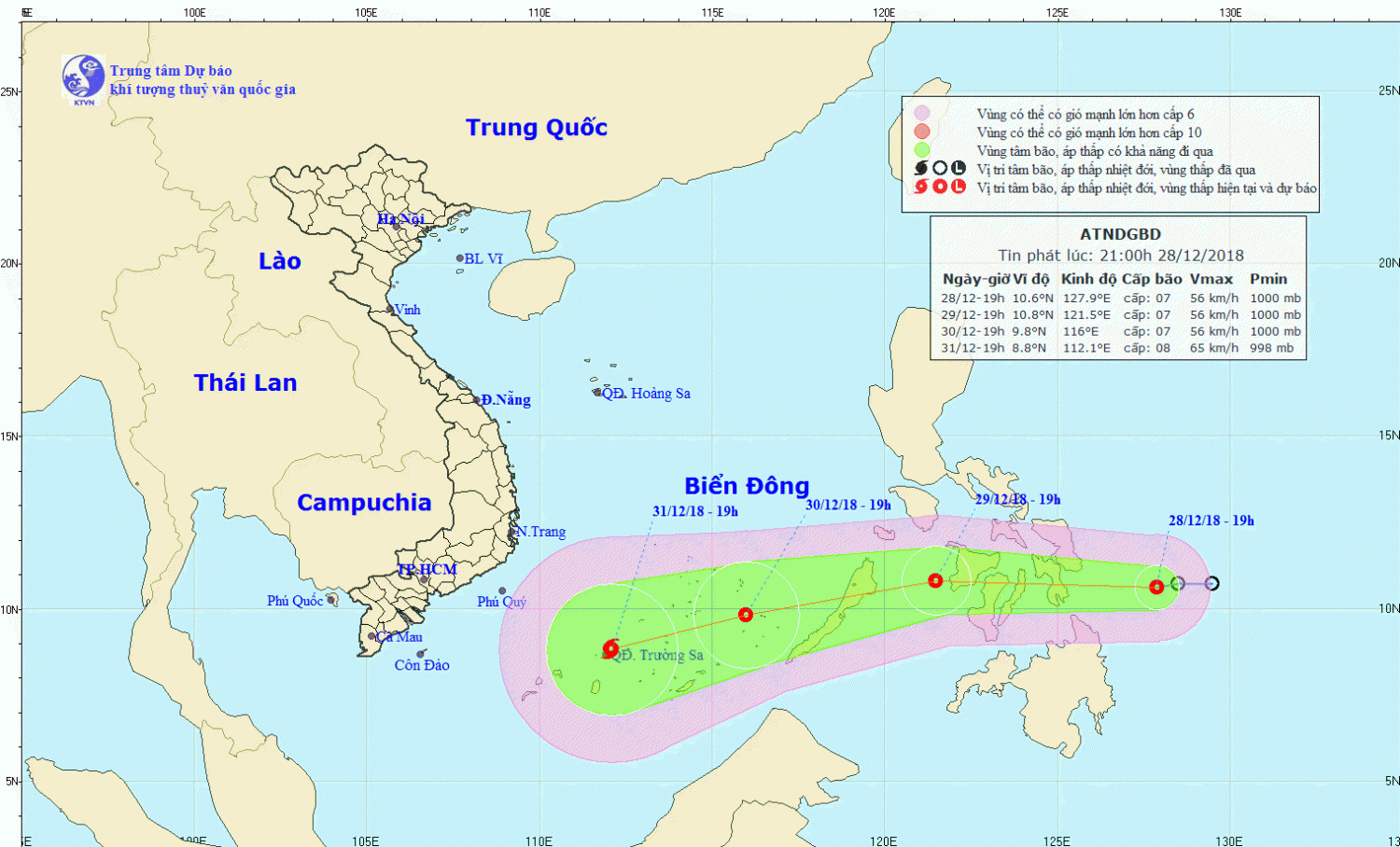 Tin áp thấp nhiệt đới gần Biển Đông (21h00 ngày 28/12)