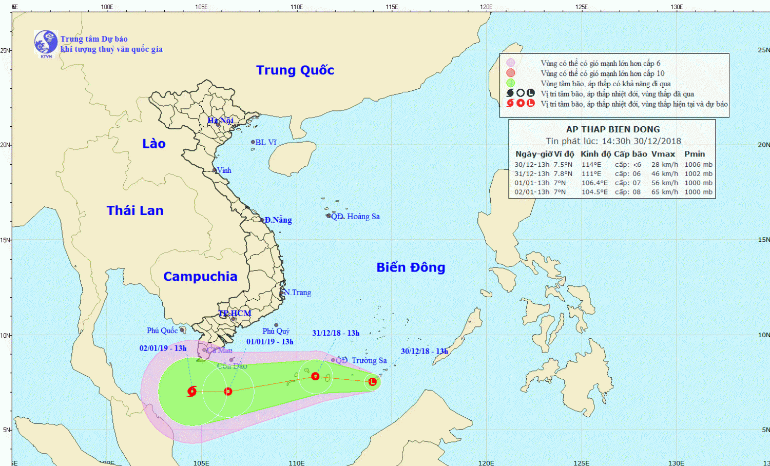 Tin về vùng áp thấp nhiệt đới trên Biển Đông (14h30 ngày 30/12)