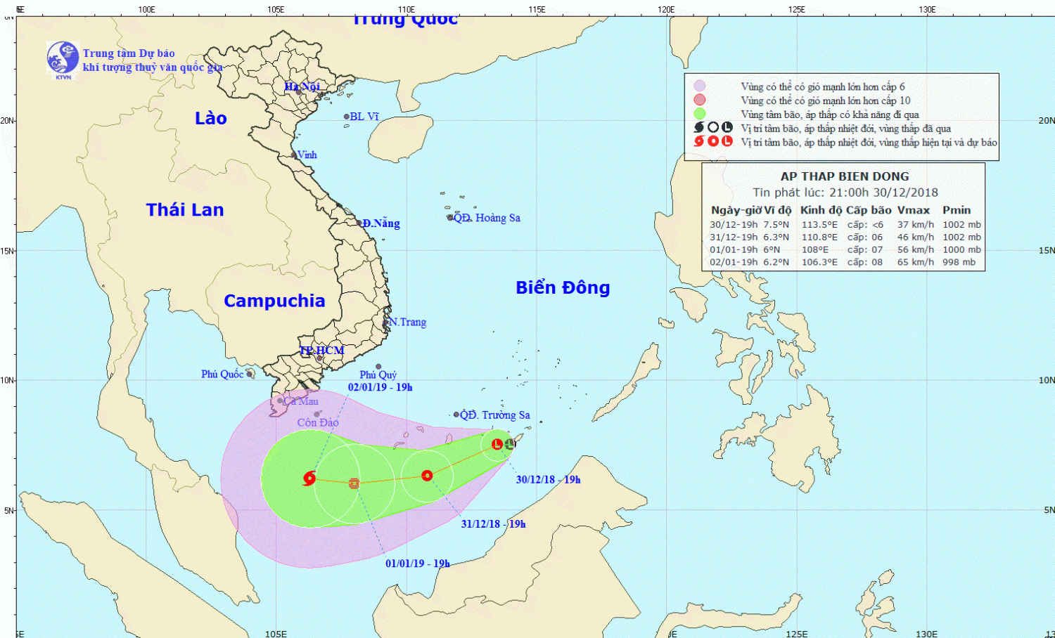 Tin về vùng áp thấp trên Biển Đông (21h00 ngày 30/12)