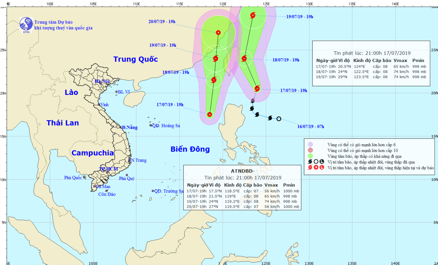Tin áp thấp nhiệt đới trên Biển Đông và tin bão DANAS (21h00 ngày 17/7)