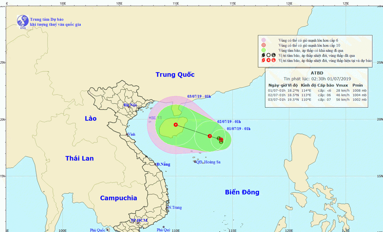 Tin về vùng áp thấp trên Biển Đông (02h30 ngày 01/7)