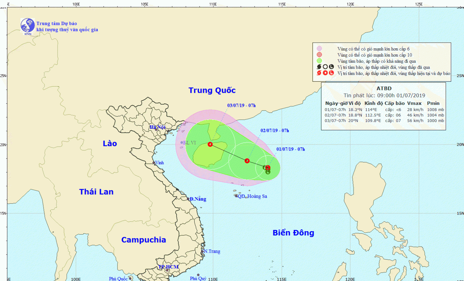 Tin về vùng áp thấp trên Biển Đông (09h00 ngày 01/7)
