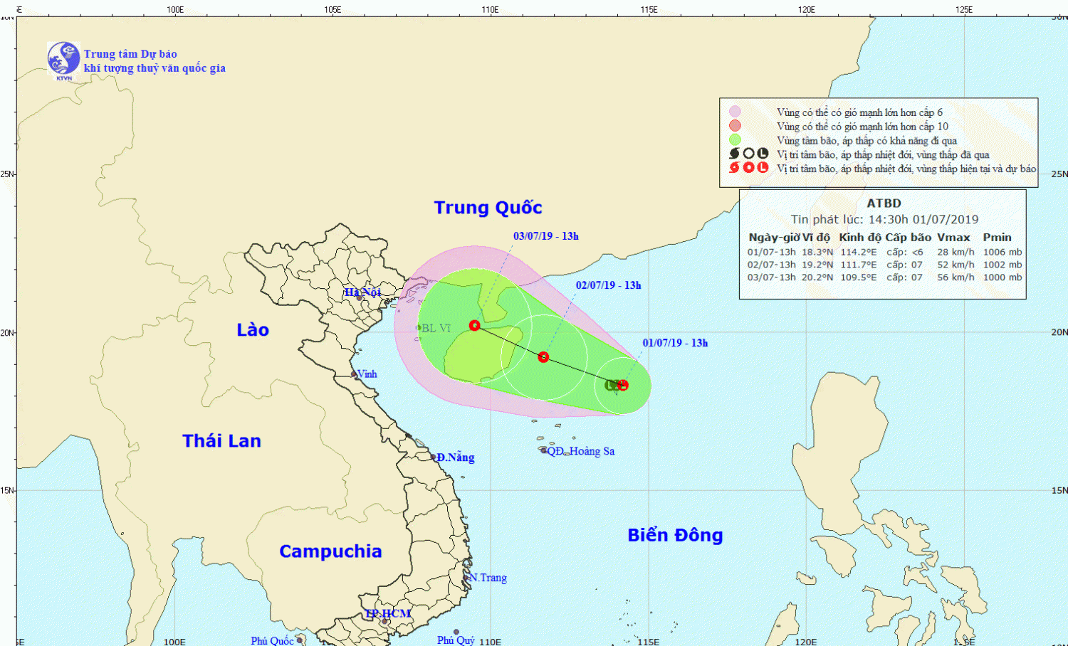 Tin về vùng áp thấp trên Biển Đông (14h30 ngày 01/7)