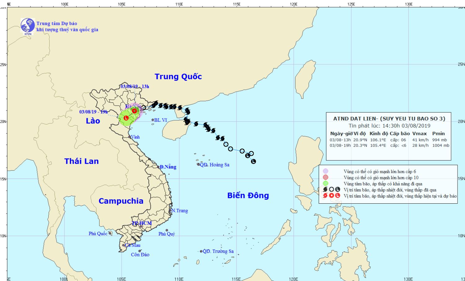 Tin áp thấp nhiệt đới trên đất liền - suy yếu từ bão số 3 (14h30 ngày 03/8)