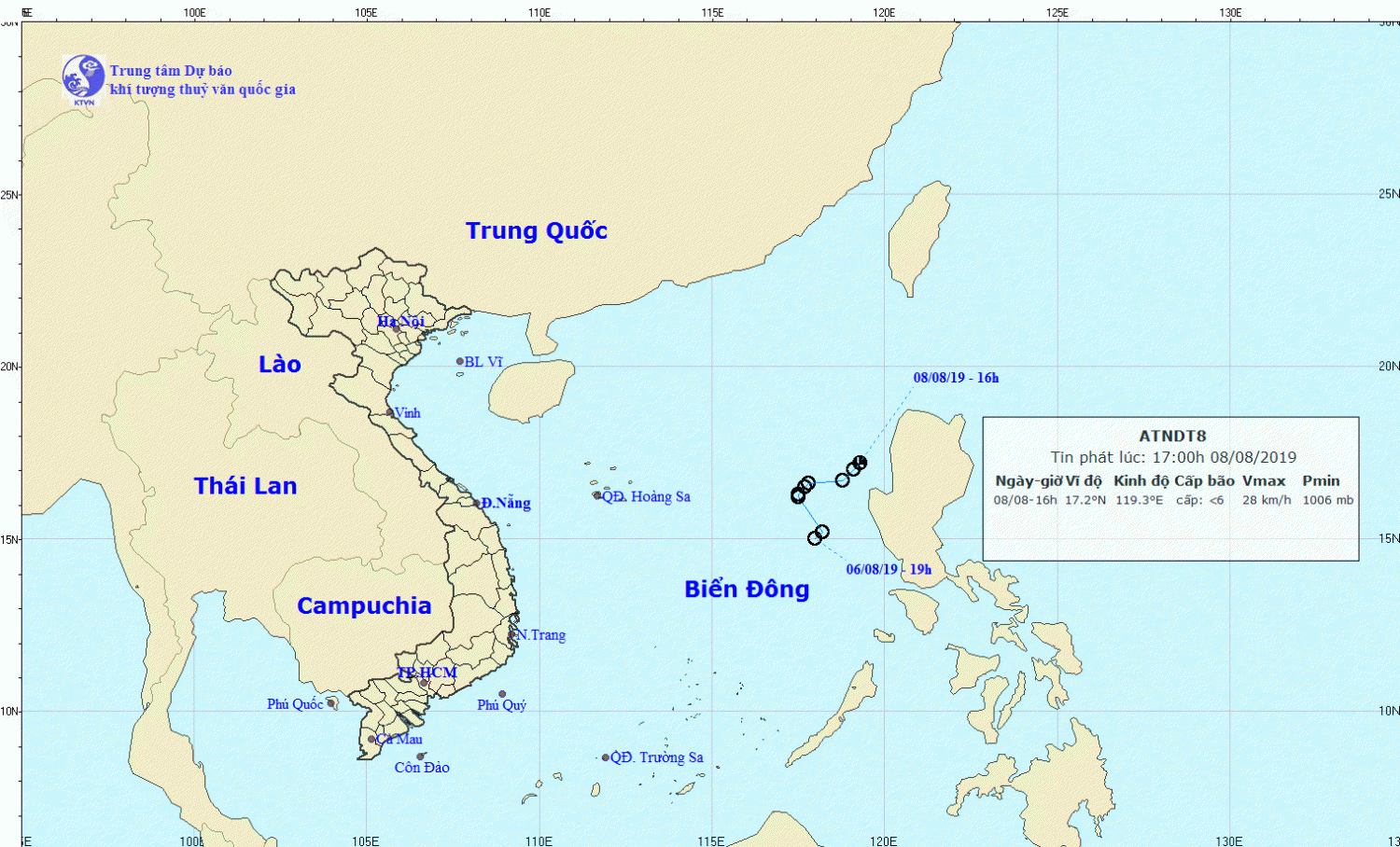 Tin về áp thấp nhiệt đới trên Biển Đông (17h00 ngày 08/8)