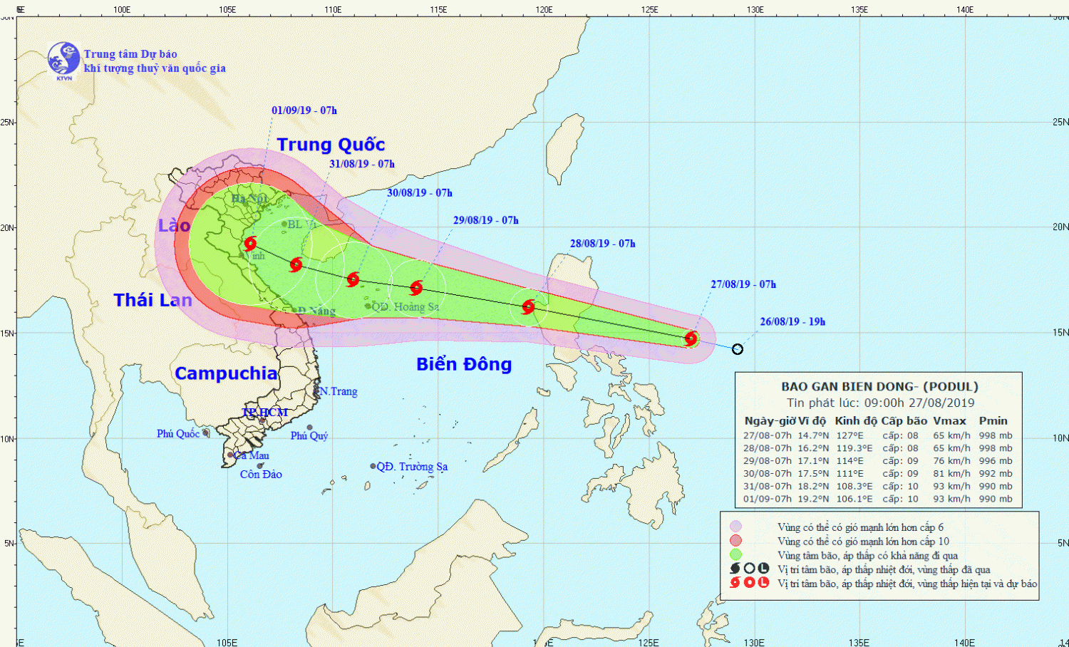 Tin bão gần Biển Đông - bão PODUL (09h00 ngày 27/8)