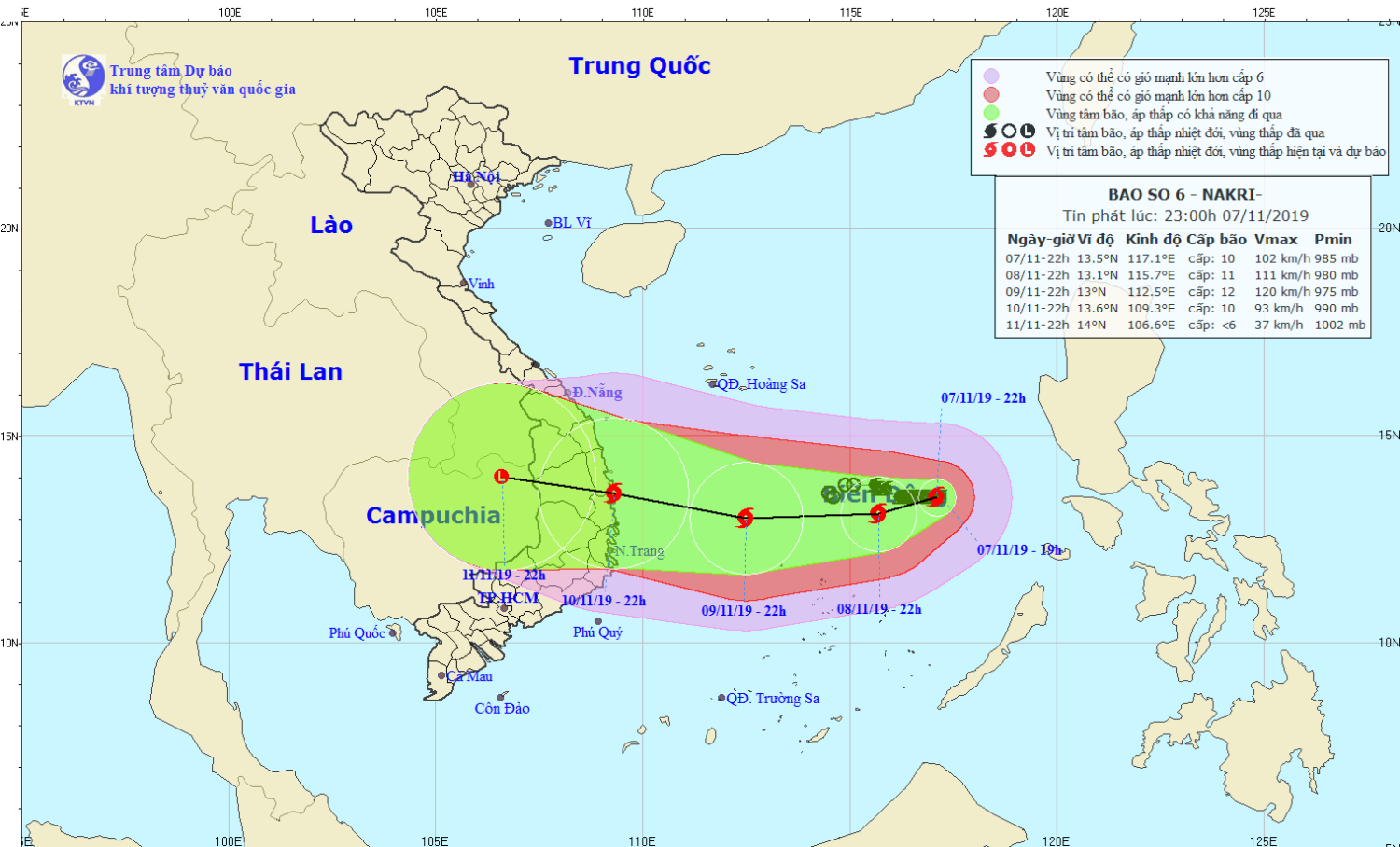 Tin bão trên Biển Đông - cơn bão số 06 (23h00 ngày 07/11)