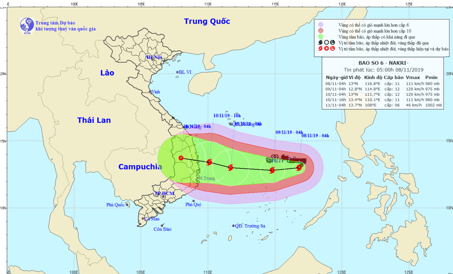 Tin bão trên Biển Đông - cơn bão số 06 (05h00 ngày 08/11)