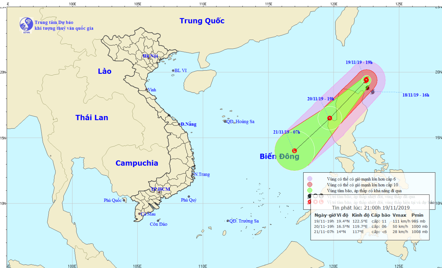 Tin bão gần Biển Đông - bão KALMAEGI (21h00 ngày 19/11)