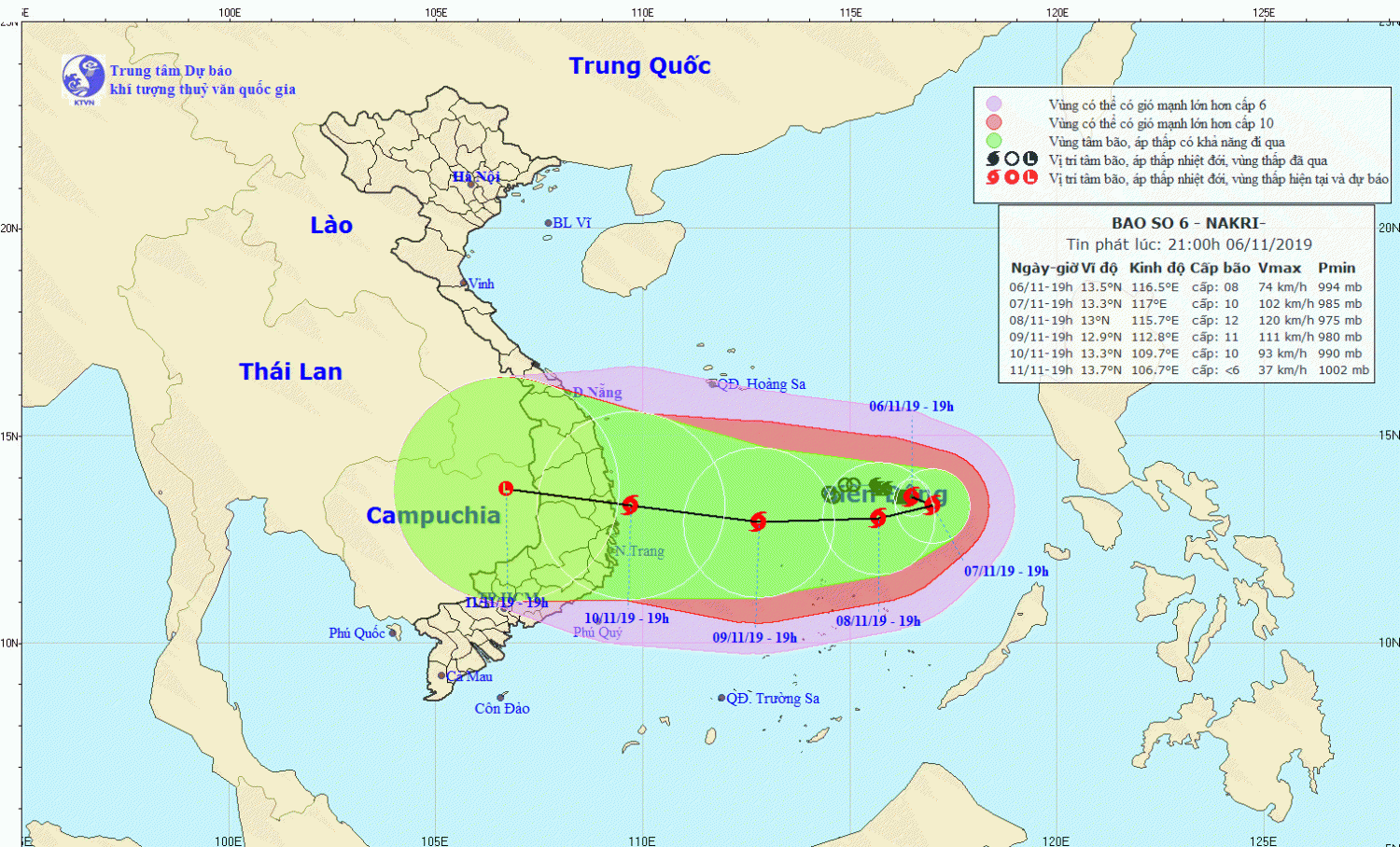Tin bão trên Biển Đông - cơn bão số 06 (21h00 ngày 06/11)