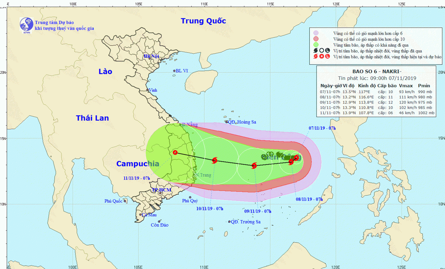 Tin bão trên Biển Đông - cơn bão số 06 (09h00 ngày 07/11)