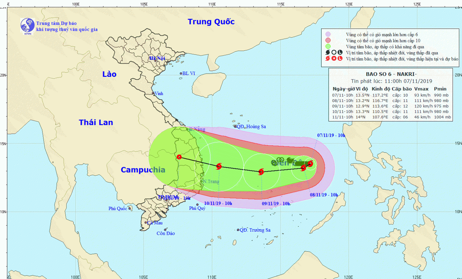Tin bão trên Biển Đông - cơn bão số 06 (11h00 ngày 07/11)