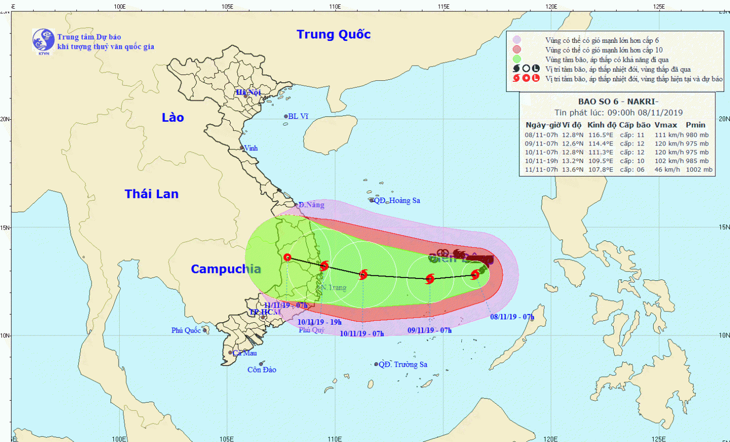 Tin bão trên Biển Đông - cơn bão số 06 (09h00 ngày 08/11)