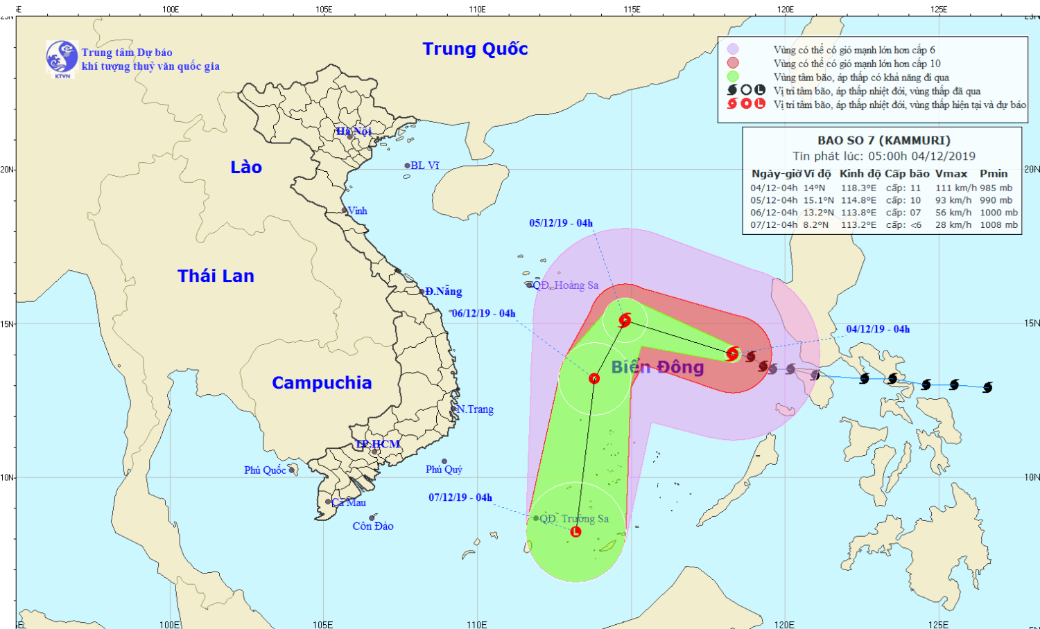 Tin bão trên Biển Đông - cơn bão số 07 (05h00 ngày 04/12)