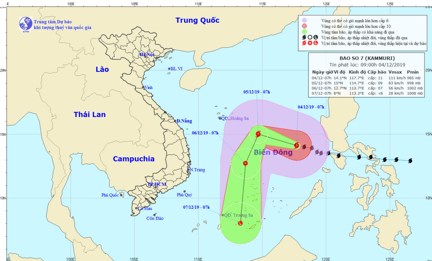 Tin bão trên Biển Đông - cơn bão số 07 (09h00 ngày 04/12)