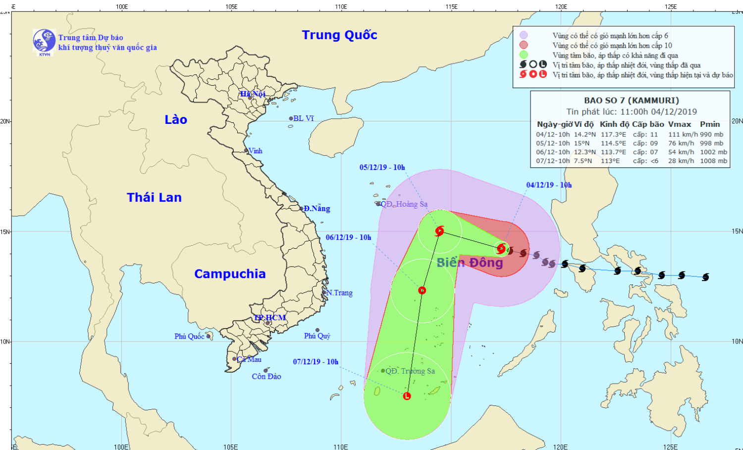 Tin bão trên Biển Đông - cơn bão số 07 (11h00 ngày 04/12)