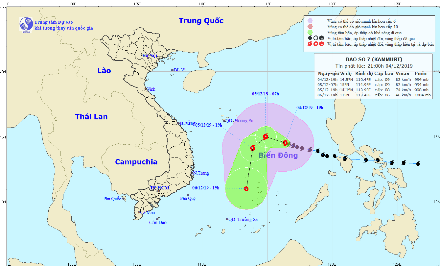 Tin bão trên Biển Đông - cơn bão số 07 (21h00 ngày 04/12)