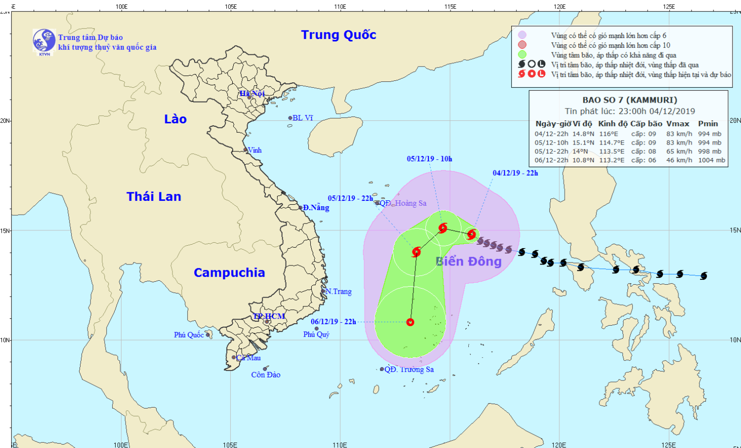Tin bão trên Biển Đông - cơn bão số 07 (23h00 ngày 04/12)