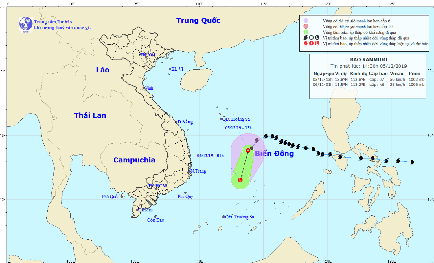 Tin áp thấp nhiệt đới trên Biển Đông - suy yếu từ bão số 07 (14h30 ngày 05/12)