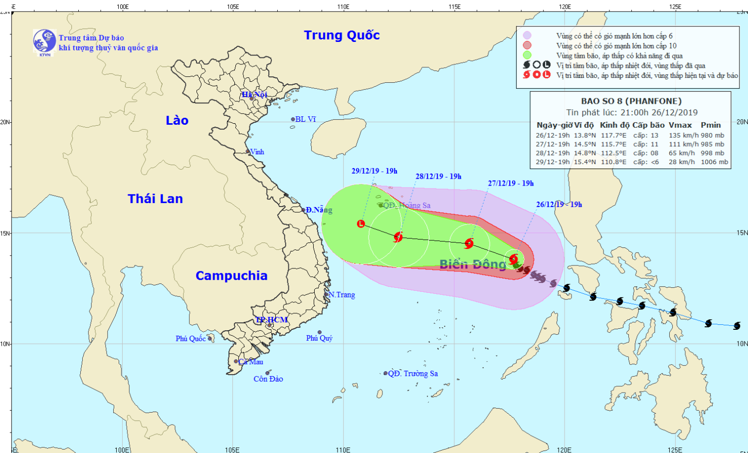 Tin bão trên Biển Đông - cơn bão số 08 (21h00 ngày 26/12)