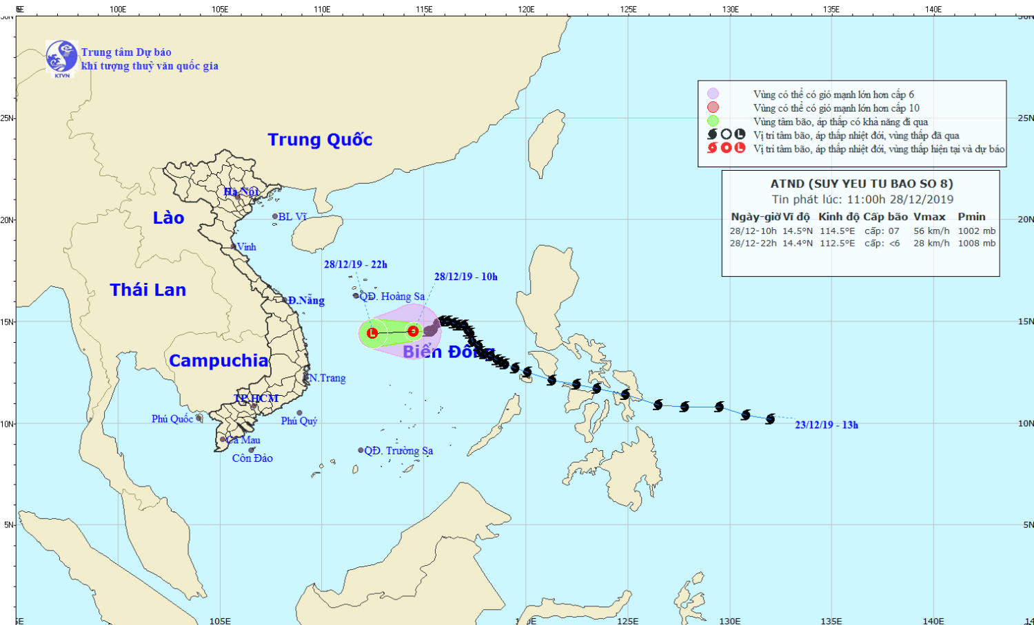 Tin áp thấp nhiệt đới trên Biển Đông - suy yếu từ cơn bão số 08 (11h00 ngày 28/12)