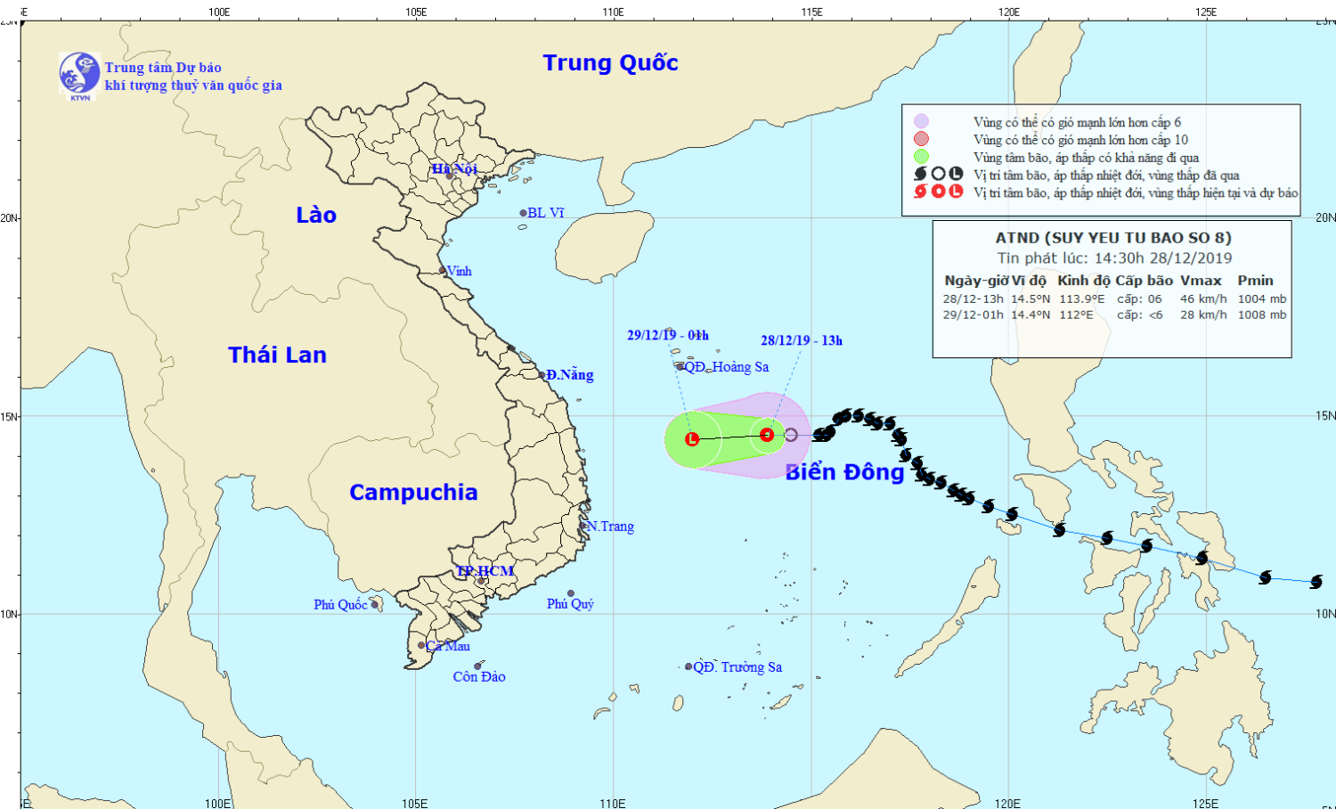 Tin áp thấp nhiệt đới trên Biển Đông - suy yếu từ cơn bão số 08 (14h30 ngày 28/12)